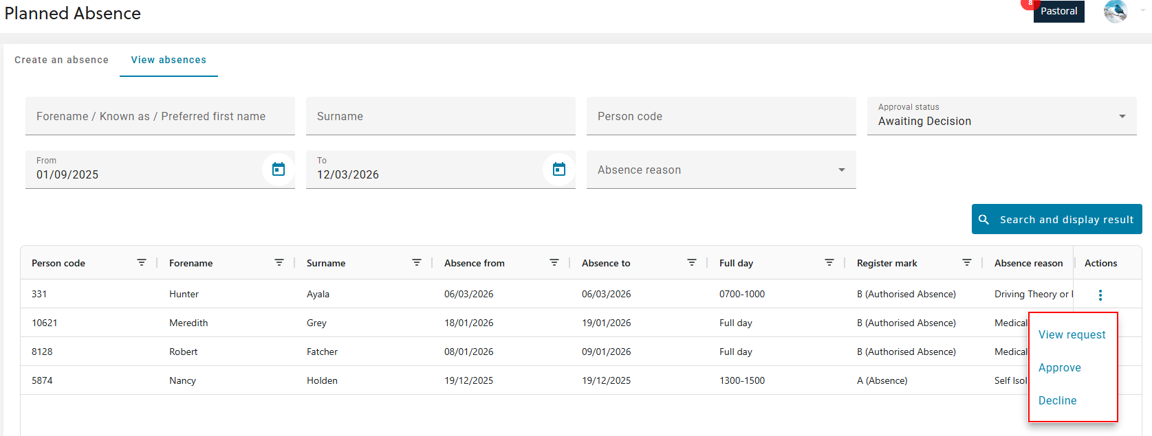 View absence with the approval action
